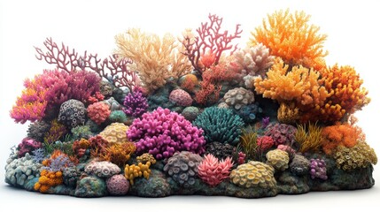 A 3D cartoon coral reef with bright colors and intricate shapes, set against a white background.