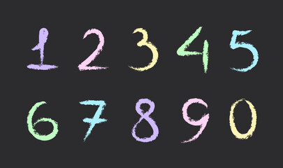 Numbers drawn with colored chalk on the blackboard. Set of numbers drawn with crayons by children. Children numbers. Chalk style for educational banners, kindergarten, book covers. Vector illustration