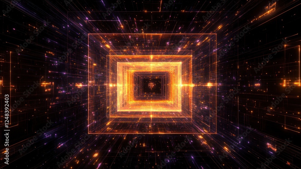 Poster abstract digital corridor of glowing cubes and lines