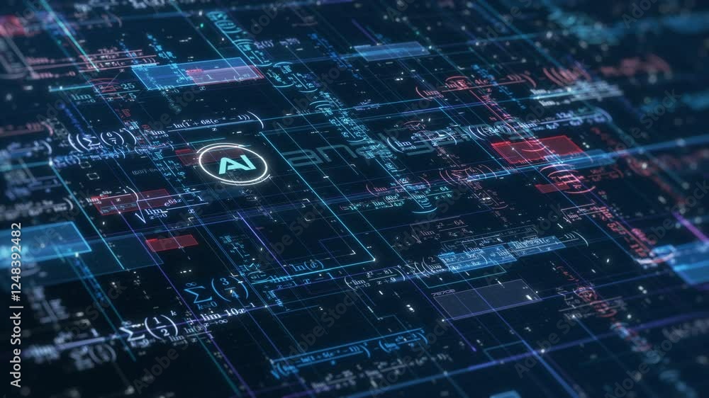 Poster complex futuristic network with math expressions and equations, concept of ai assistant, machine lea
