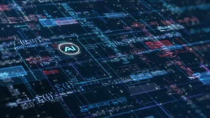 Complex futuristic network with math expressions and equations, concept of ai assistant, machine learning, neural network, science and technology (3d render)