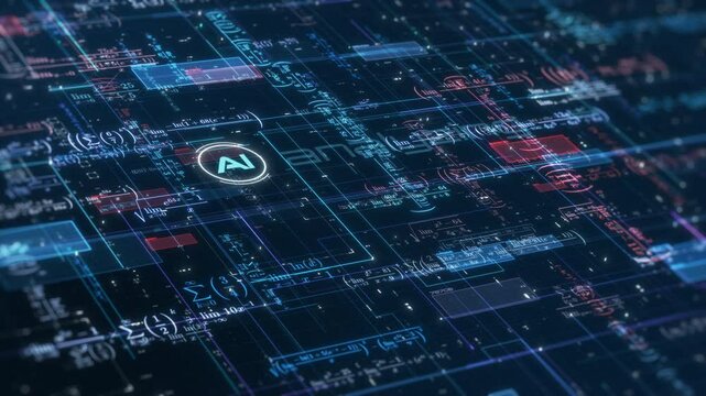 Complex futuristic network with math expressions and equations, concept of ai assistant, machine learning, neural network, science and technology (3d render)