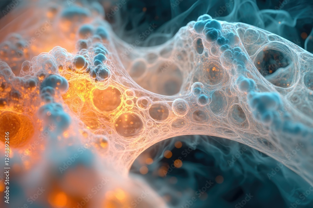 Poster abstract image of interconnected bubbles with orange and teal hues, resembling a complex network or 