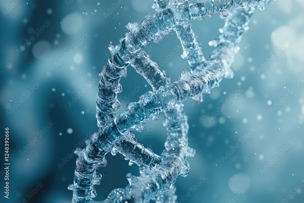 Aufkleber a mesmerizing 3d rendering of a dna double helix, crafted from water, set against a bokeh backdrop.