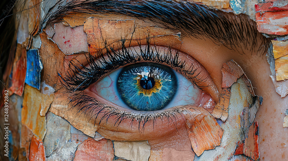Poster unique artistic close-up of a human eye surrounded by colorful textures representing creativity in a