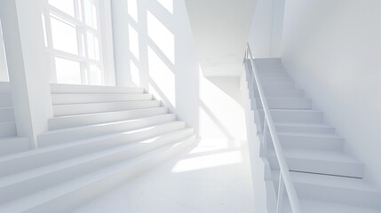 Obraz premium White Architecture: Sunlight Illuminating Minimalist Staircase