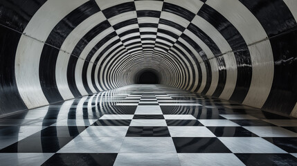 Abstract Black and White Tunnel Illusion With Reflective Surface in Studio Lighting 3d render illustration. 3D Illustration
