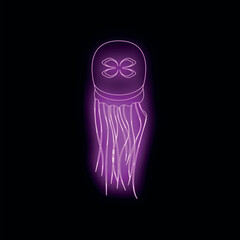 Pink neon sign shaped like a jellyfish glowing in the dark