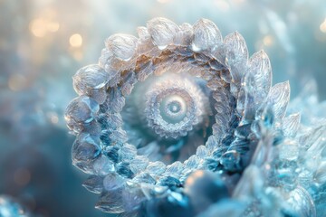 Intricate icy fractal spirals in swirling, mesmerizing blue and gold hues.