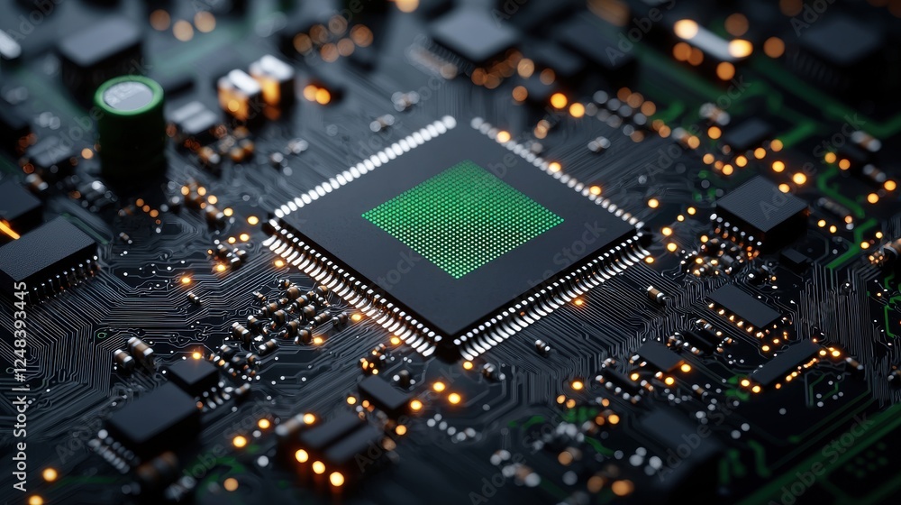 Poster abstract microchip with green energy symbol on a futuristic circuit board representing technological