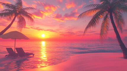Obraz premium A tropical beach at sunset, with palm trees swaying in the breeze. The sun sets below the horizon, casting vibrant orange and pink hues across the sky and reflecting on the water. 