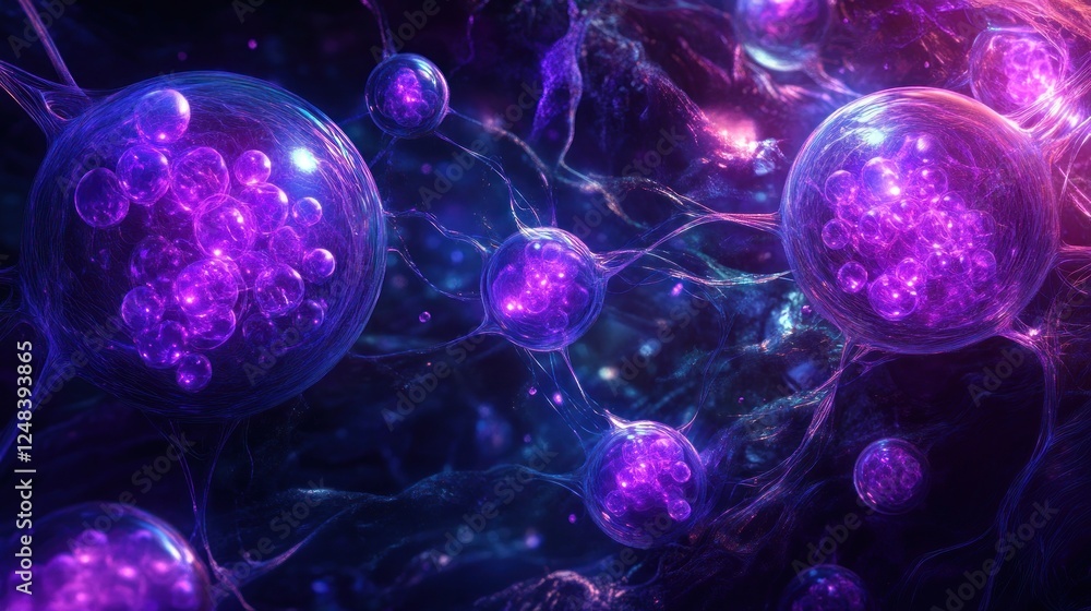 Poster glowing purple cells within a neural network