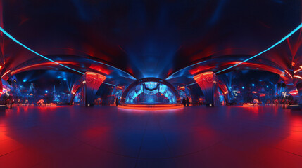 360 full spherical panorama of red and blue futuristic laser beam technology design hall 3d render illustration hdr hdri vr virtual reality environment map