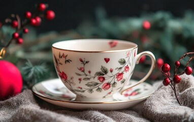 Delicate teacup with floral engravings, Saint Valentines Day and 8 March International Womens Day