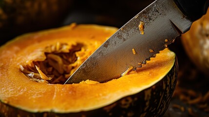 A knife is cutting into a pumpkin