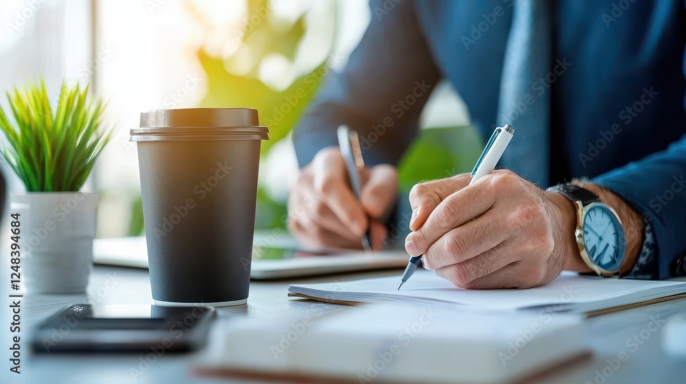 Poster close up view of diverse hands writing notes and ideas in a notebook on a minimalist office desk sur