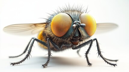 A 3D cartoon fly with big eyes and tiny wings, buzzing on a white background