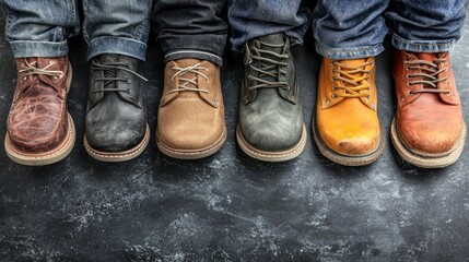 Variety of work boots on dark surface