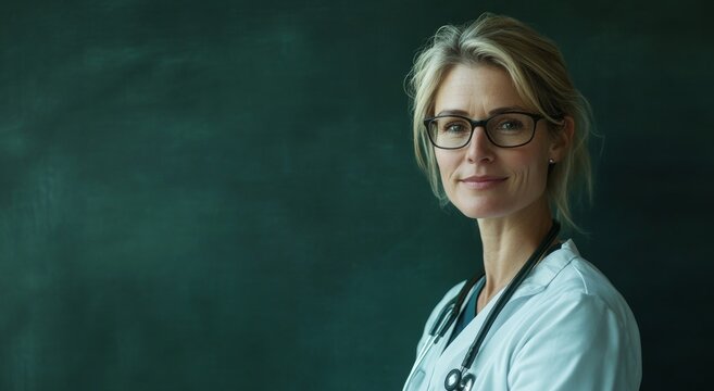 A portrait of an attractive blonde female doctor in her thirties, wearing glasses and white scrubs with a stethoscope around her neck