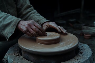 Potter's Hands Shaping Clay on Rustic Wheel, Low-Light Studio Shot
