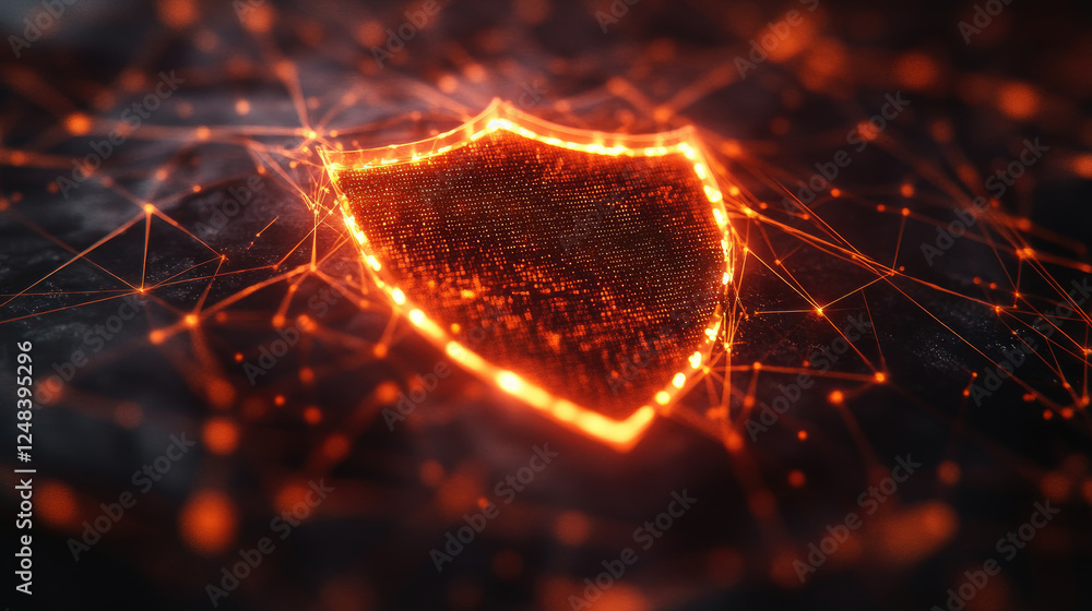 Poster a digital shield icon with a glowing edge, surrounded by network connections, representing strong cy