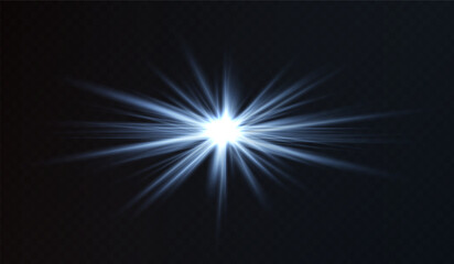 Fototapeta premium Bright white starburst light effect on a dark background. Radiating beams create a glowing flare, symbolizing energy, illumination, and futuristic design. Sci-fi, digital effects, and abstract themes