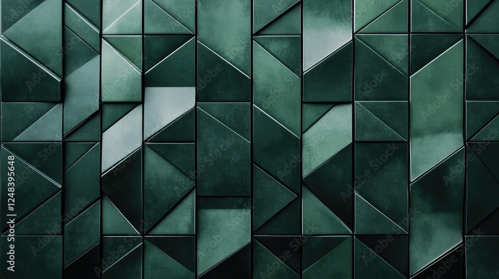 Poster abstract dark green geometric tile design with fluted triangles, creating a contemporary mosaic text