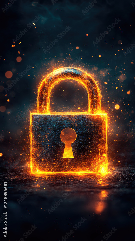 Poster a glowing digital padlock in a dark environment symbolizes cybersecurity and data protection ideal f