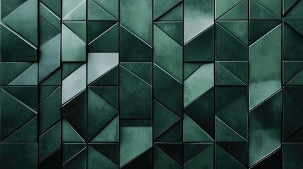 Abstract dark green geometric tile design with fluted triangles, creating a contemporary mosaic texture for modern architecture and background use