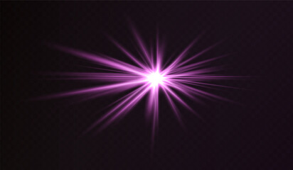Glowing purple starburst light effect on a dark background. Radiating beams create a luminous flare, symbolizing energy, illumination, and futuristic design. Sci-fi, digital effects, abstract