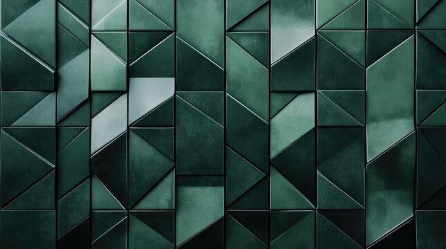 Abstract dark green geometric tile design with fluted triangles, creating a contemporary mosaic texture for modern architecture and background use