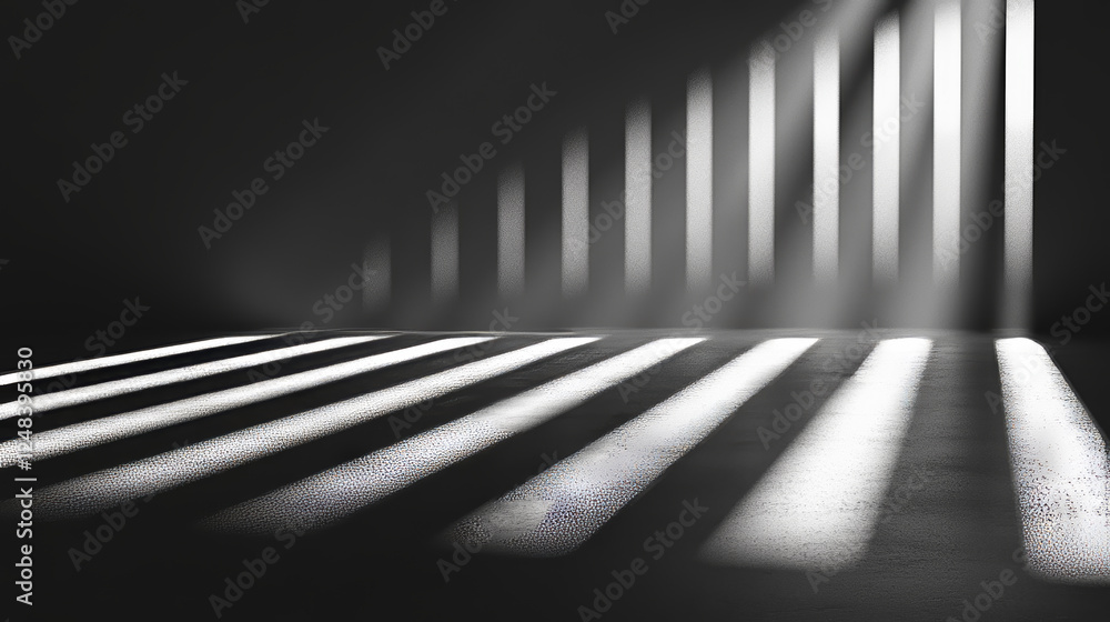 Poster abstract empty studio black wall background with light shining through slits 3d render illustration