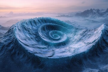 A swirling, icy wave crests over a vast, snow-capped mountain range at sunset.