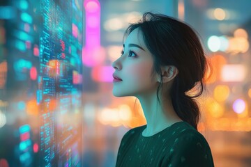 Fototapeta premium A young woman gazes intently at a futuristic digital interface, bathed in vibrant city lights.