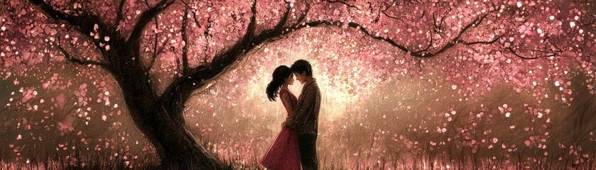 Couple under cherry blossoms, romantic, spring, love,  background use