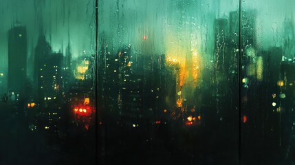 Rainy Night Cityscape Viewed Through a Wet Window