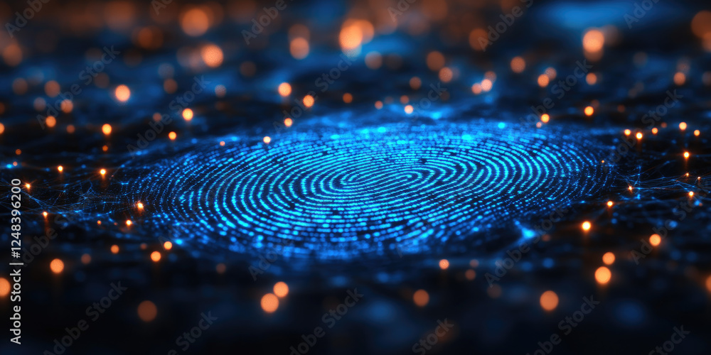 Poster close-up of glowing digital fingerprint symbolizing biometric security and technology. data protecti