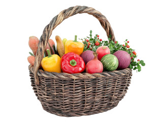 3D Render of a Basket Filled with Fresh Vegetables Isolated on White Background.