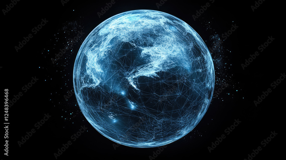 Poster abstract representation of a blue sci-fi earth connected by intricate lines and particles showcases 