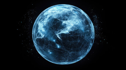 Abstract representation of a blue sci-fi Earth connected by intricate lines and particles showcases the global technology network and the interplay of artificial intelligence in cybersecurity