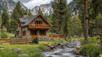 A historic stone cottage with a natural stream flowing past, surrounded by tall trees and a rustic wooden fence. --chaos 20 --ar 16:9 --quality 2 --v 6.1 Job ID: 40a9cca6-d8a9-4c96-bb28-053f018c466d
