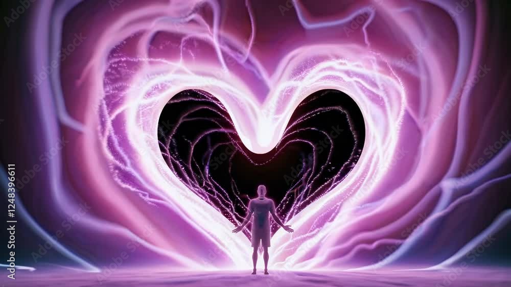 Poster a minimalist surreal scene with a lone figure standing beneath a heart shape merging into the landsc