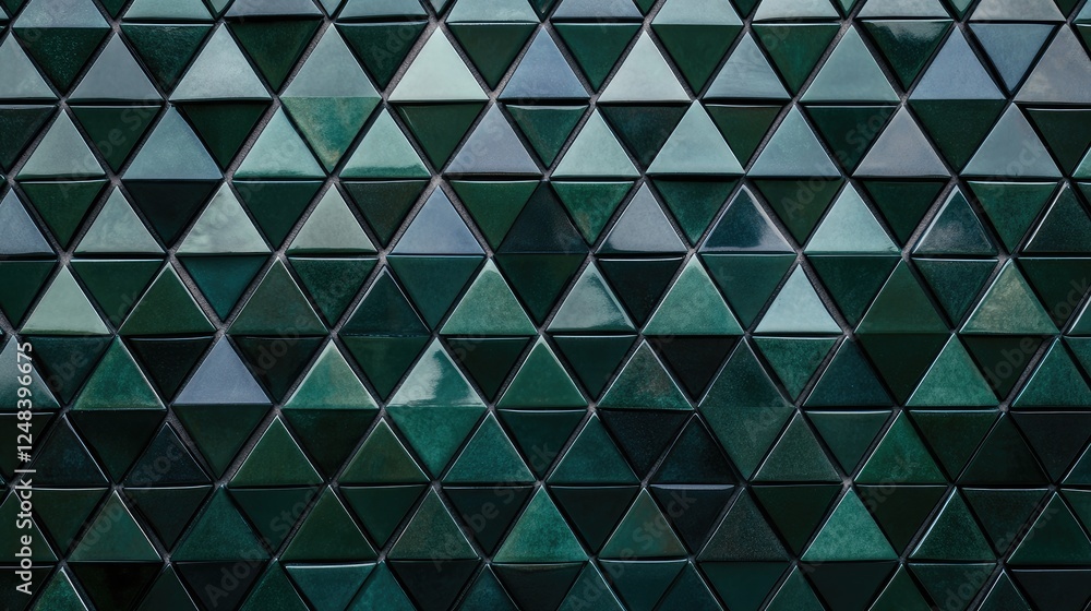 Poster dark green triangular mosaic tile texture with a fluted geometric triangle pattern, creating a sleek
