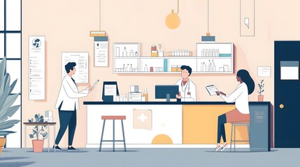 Medical office with staff and patients in a minimalist style
