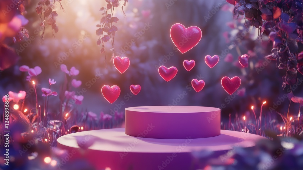 Poster dynamic 3d valentine's display featuring a vibrant pink podium, gradient mesh, and playful floating 