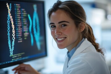 A smiling female scientist analyzes DNA sequences on a computer screen, showcasing genetic research.
