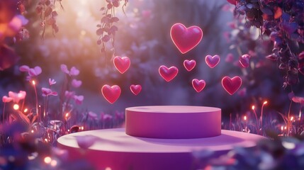 Dynamic 3D Valentine's display featuring a vibrant pink podium, gradient mesh, and playful floating hearts illuminated with romantic lighting