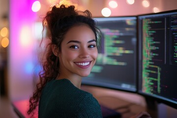 Obraz premium A smiling woman programmer looks back over her shoulder at dual monitors displaying lines of code.