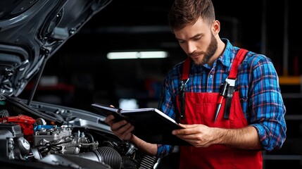 mechanics repair  vehicle adjustment concept. Mechanic inspecting engine with clipboard in automotive workshop.