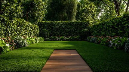 Obraz premium Wooden Path Through a Lush Green Garden